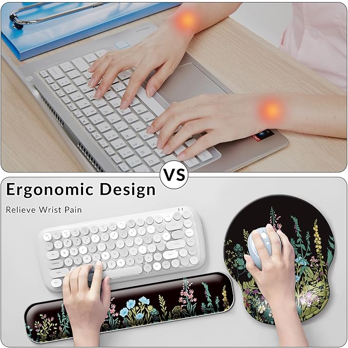 Desk Mat Set + Keyboard and Mouse Pad with Wrist Rest Support4-in-1 Large Mousepad Computer Mats for Desktop Home &amp Office-Flowers Garden