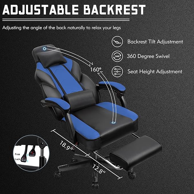 Vongrasig Ergonomic Gaming Chair for Adults PU Leather Office Seat with Head &amp Foot Rests (Blue)
