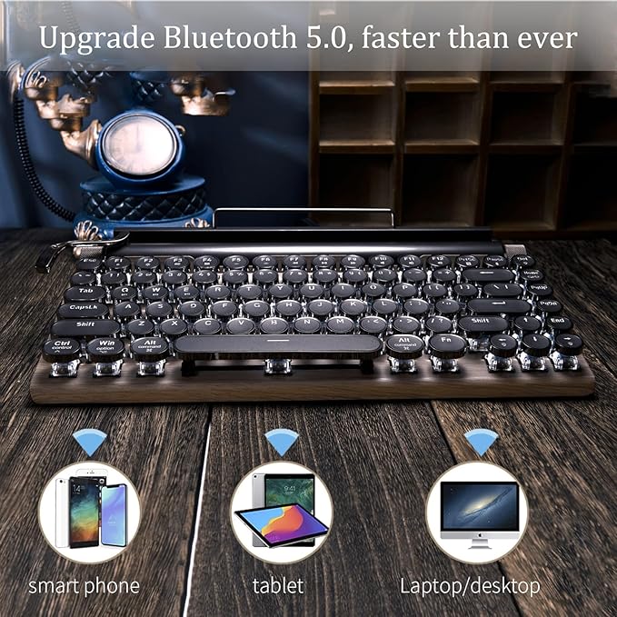 7KEYS Typewriter Keyboard Wireless Retro Style Vintage Classical Mechanical Keyboard with Bluetooth for IPAD PC/Laptop Mac/Phone (Wood)