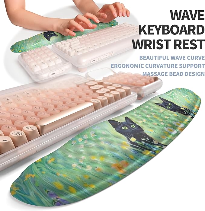 2-in-1 Ergonomic Set Wave Keyboard Wrist Rest and Massage Slope Mouse Pad Wrist Support Rebound Memory Foam for Relieve Carpal Tunnel Syndrome and Wrist Pain (Oil Painting Cats)