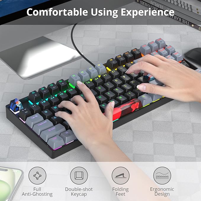 75% Mechanical Gaming Keyboard with Red Switch RGB LED Backlit Keyboard Black 87 Keys Compact TKL Wired Computer Keyboard for Windows Laptop PC Gamer (87 Dark)