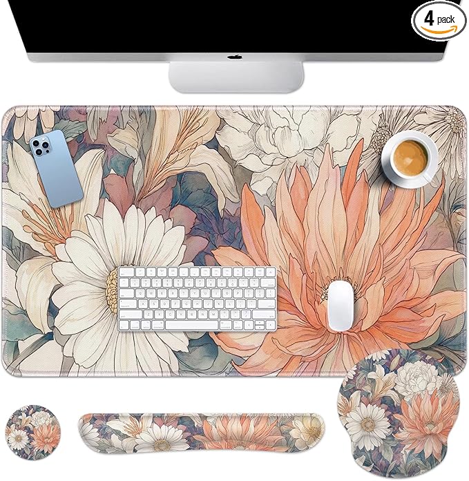 Britimes Boho Aesthetic Flower Keyboard Mouse Pad Set Orange White Florals 4in1 Large Mousepad+Keyboard Wrist Rest+Mouse Wrist Rest+Coaster Ergonomic Design for Home Office Computer 35.4x15.7 inches