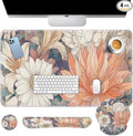 Britimes Boho Aesthetic Flower Keyboard Mouse Pad Set Orange White Florals 4in1 Large Mousepad+Keyboard Wrist Rest+Mouse Wrist Rest+Coaster Ergonomic Design for Home Office Computer 35.4x15.7 inches