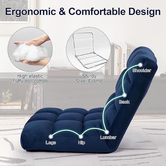 Floor Chair 24 inches Wide Oversized Velvet Armless Lay Flat Floor seat Padded Meditation Chair with 6 Adjustable Position Ergonomic Comfortable Convenient(LRSF-013-NAVY)