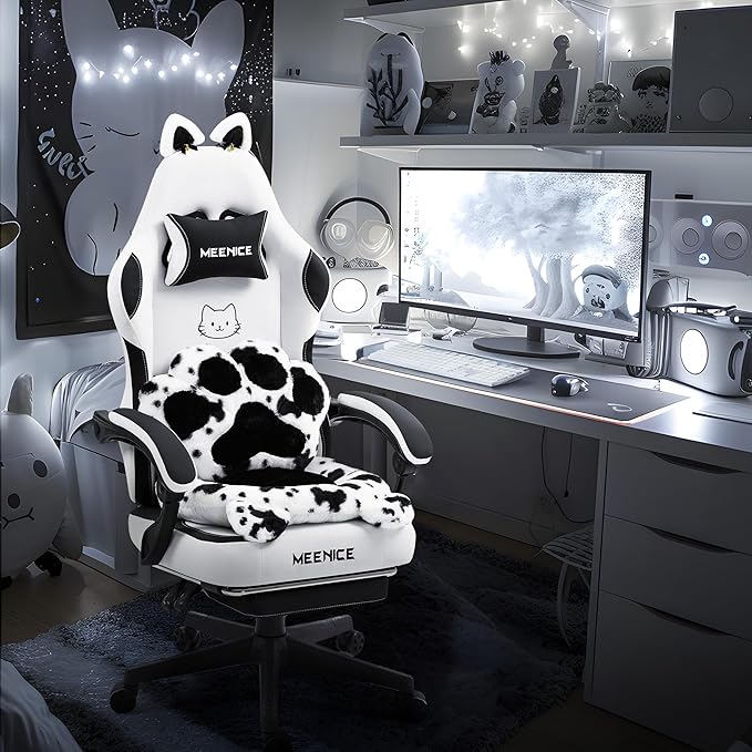 Gaming Chair Cute with Cat Ears Paw Lumbar and CushionErgonomic Computer Chair with FootrestReclining PC Game Chair for Girl Computer Chair 300lbs for Adult Black White