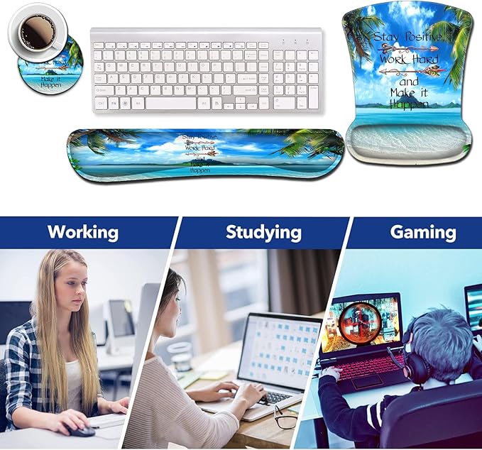 Mouse Pad Wrist Rest and Memory Foam Keyboard Wrist Rest Ergonomic Support Easy Typing for Gaming Computer Office LaptopMotivational Quotes Tropical Beach Coconut PalmTrees Mouse Pad