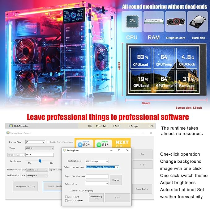 Sanpyl Computer Temp Monitor 5Inch Full Viewing Angle USB Temperature Display Screen for PC Computer Case Secondary Screen PC CPU GPU Data Monitor