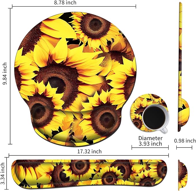 Sunflower Keyboard Wrist Rest+Mouse Pad with Wrist Support Gel+Coaster Set Ergonomic Design Enlarged Memory Foam Easy Typing Pain Relief Carpal Tunnel Cushion Kit for Computer Laptop Home Office