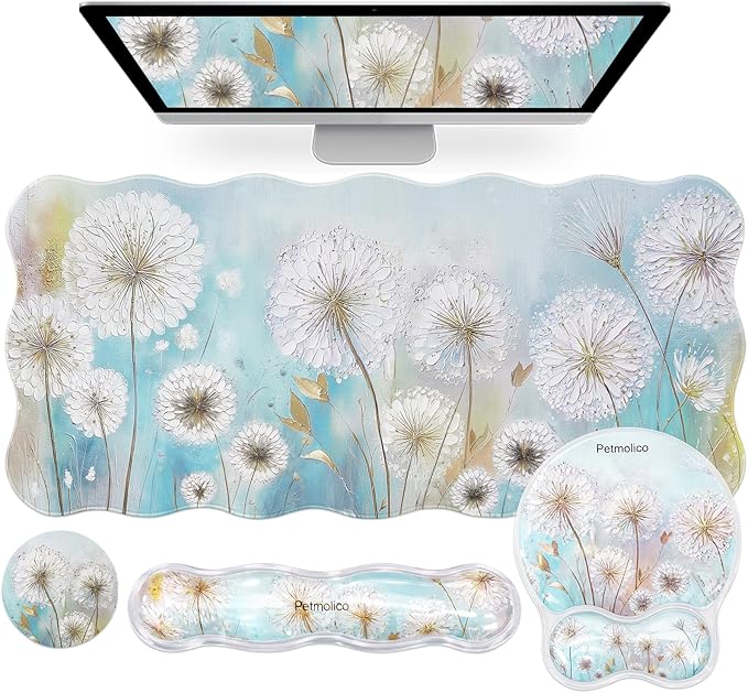 Petmolico Mouse Pad with Wrist Rest-Clear Gel Wrist Rest for Keyboard and MouseLarge Non-Slip Desk Mat and Heat-Resistant Cup CoastersErgonomic Design for Typing Pain（DandelionWhite）