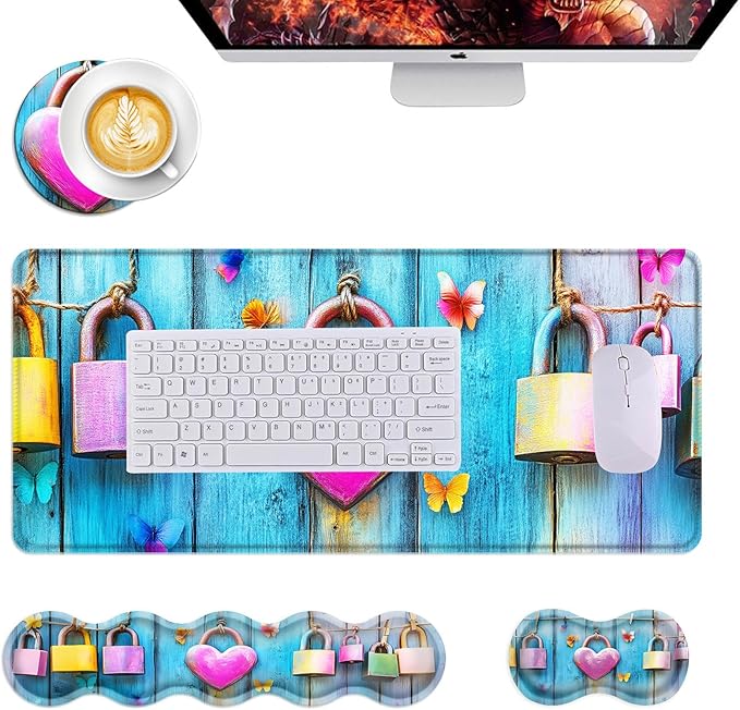Mouse PadLarge Desk Mat Set 4in1 XL Mousepad + Keyboard Wrist Rest+Mouse Wrist Rest+Coaster with Ergonomic Desk Pad for Home Office Table Computer Cover -Heart Lock and Butterflies