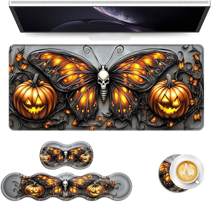 Keyboard Mouse Pad Set Extended Gaming Mouse Pad+Ergonomics Keyboard Wrist Rest Support Memory Foam Easy Typing Pain Relief 4Pcs XL Ultra Thick Desk MatHalloween Butterfly Pumpkin