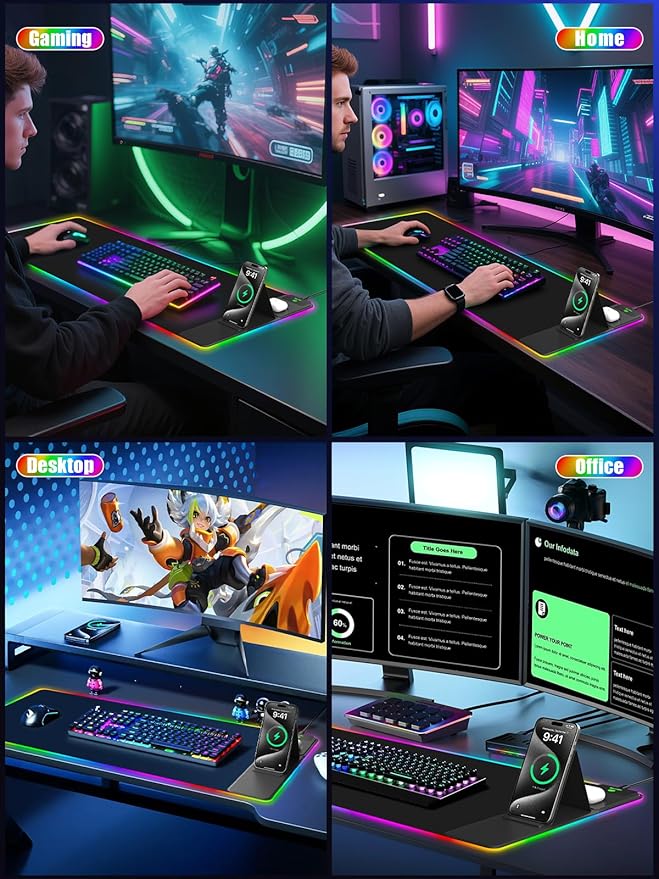 Mouse Pad with Foldable Phone Holder &amp Wireless Charger XXL RGB Gaming Mousepad 31.5x15.8 Large Desk Mat for Keyboard Black Desk Pad with Dual Qi Charging Station | 11 Colors 5 Modes | Waterpr