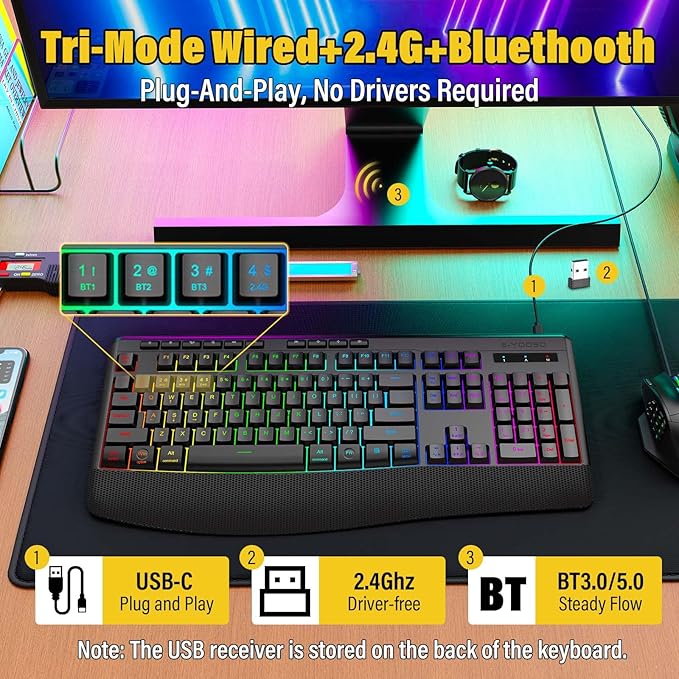 Wireless Bluethooth Gaming Keyboard8 RGB Backlit light upSilent Touch Less Noise 95%Ergonomic Wrist RestUSB C RechargeableTri-mode BT5.0/2.4GHz/WiredFor PC Computer/Mac/Laptop/IPad/Xbox/PS5