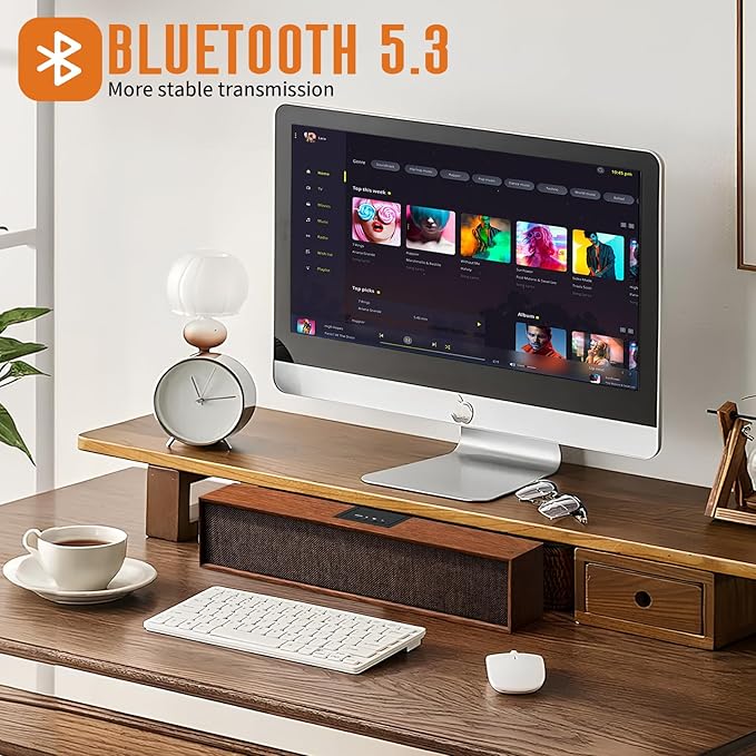 Retro Computer Speakers - Wooden Sound Bar with Bluetooth 5.3 &amp USB Connectivity | Universal Compatibility for PC Desktop Laptop Monitor Tablet &amp Smartphone