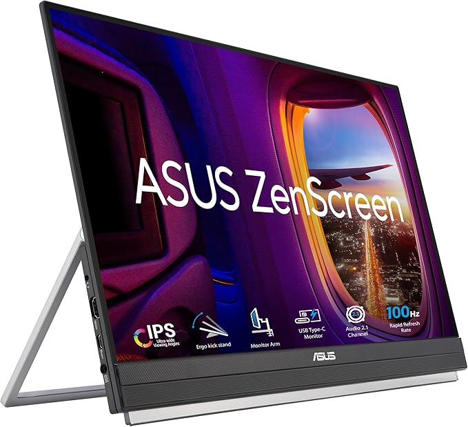 ASUS ZenScreen 22” (21.5 viewable) 1080P Portable Monitor (MB229CF) – Full HD IPS 100Hz USB-C PD 60W Speakers Carrying Handle Kickstand C-clamp Arm Partition Hook Subwoofer 3 yr Warranty