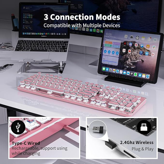TK950 Wireless Typewriter Keyboard and Mouse Combo 104 Keys Retro Typewriter Mechanical Keyboard with White Backlit Anti-Ghosting Blue Switch Bluetooth/2.4G/Wired Cute Gaming Keyboards-Pink