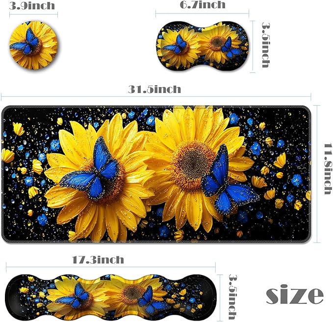 Ergonomic Keyboard Wrist Rest &amp Mouse Pad Wrist Rest SetXL Gaming Desk Mat 31.5x 11.8Non-Slip BaseMemory FoamEasy Typing Pain Relief for Office &amp HomeSunflowers Blue Butterflies