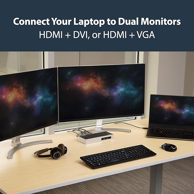 StarTech.com USB 3.0 Docking Station - Dual Monitor Laptop Docking Station with HDMI &amp DVI/VGA Video - 6-port USB 3.1 Gen 1 5Gbps Hub GbE Audio - Universal Type-A Dock - Windows &amp Mac (DK30A