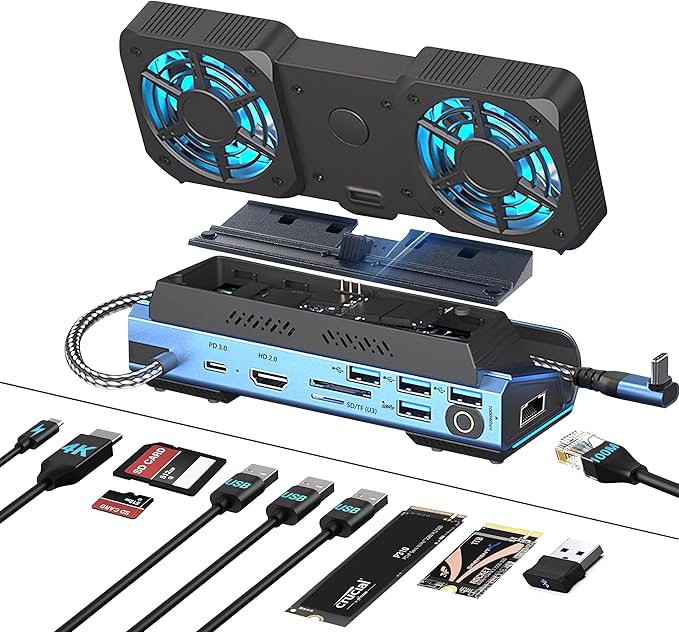 USB C Docking Station Compatible with Switch 2/ Steam Deck OLED/ROG Ally X/Legion Go M.2 NVMe SSD Enclosure Hub with 4K@60Hz HDMI 100W PD Dual Cooling Fans Gigabit Ethernet USB 3.0/SD/TF