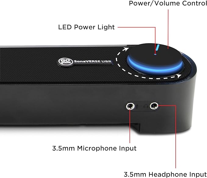 GOgroove Computer Speaker Mini Soundbar - USB Powered PC Sound Bar with Easy Setup Wired AUX Stereo Audio Microphone Port Volume Control Knob Under Monitor Design for Desktop (Blackout)
