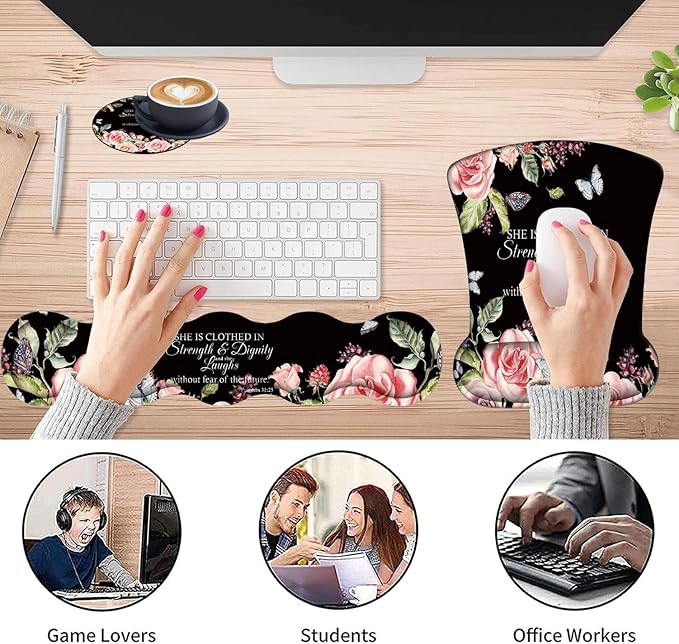 3 in 1 Keyboard Wrist Rest + Mouse Pad and Coaster Ergonomic Gel Mouse Pad and Keyboard Pad Set Comfortable Lightweight for Easy Typing Pain Relie Bible Verses Proverbs 31:25