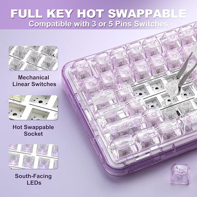 YUNZII X98 QMK/VIA Wireless Mechanical Gaming Keyboard with KnobTri-Mode BT5.0/USB-C/2.4GHz Hot Swappable KeyboardPre-lubed Switches Gasket Mount RGB Backlit for Wins/Mac (Purple Crystal Switch)