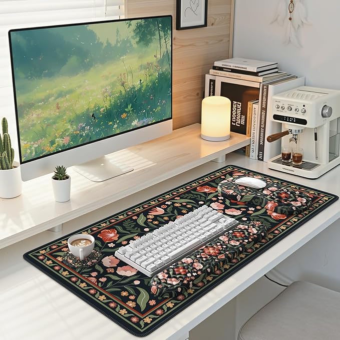 Keyboard Mouse Pad Set Floral Desk Wrist Pad Comfortable Keyboard Wrist Rest and Coaster Non-Slip Table Decor Desk Accessories for Women
