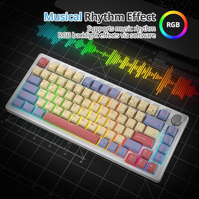 75% Mechanical Keyboard Gasket with Knob Custom Wired Creamy Gaming Keyboard TKL 75 Percent Hot Swappable RGB Backlit Pre-lubed Switch for Win/MAC PC Laptop（Cotton Candy/White Switch）
