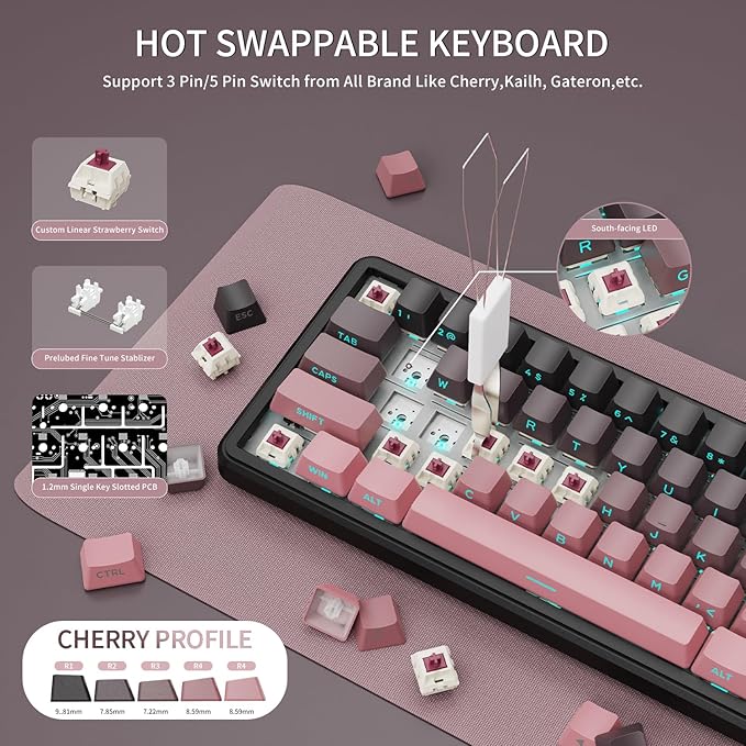 ATTACK SHARK X66 Wireless Mechanical Gaming Keyboard with KnobTri Mode USB-C/BT5.0/2.4G Gasket Mounted 60% RGB Gaming KeyboardSide Printed PBT Keycap Hot Swappable Strawberry Switch(BlackBerry)