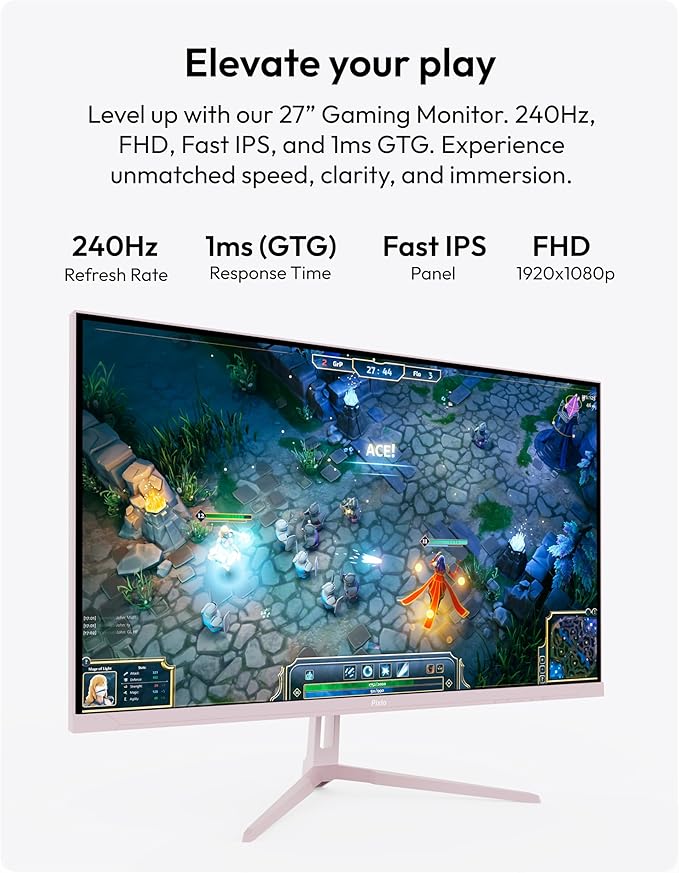 Pixio Two PX279 Wave Pink 27 inch 240Hz Refresh Rate FHD 1080p Resolution Fast IPS Panel 1ms GTG Resonse Time Gaming Monitor and PS1D Wave Pink Dual Monitor Arm - Fits up to 32 inches and 19.8lbs