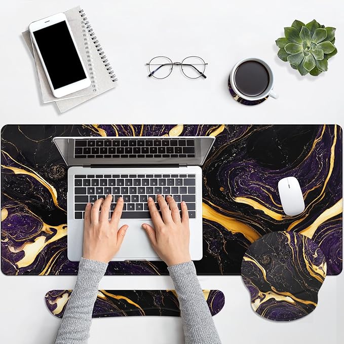 Britimes Purple Black Gold Marble Keyboard Mouse Pad Set 4in1 Large Mousepad+Keyboard Wrist Rest+Mouse Wrist Rest+Coaster Ergonomic Design for Home Office Computer 35.4x15.7 inches