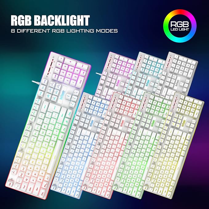 RedThunder K10 Wired Gaming Keyboard and Mouse and Wrist Rest Combo RGB Backlit Mechanical Feel Anti-ghosting Keyboard + 7D 7200 DPI Mice+Soft Leather Wrist Rest 3 in 1 PC Gamer Accessories(White)
