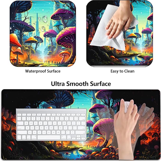 Large Mouse Pad with Mouse Wrist Rest 31.5x11.8 in Extended Mouse Mat with Non-Slip PU Base Ergonomic Memory Foam Wrist Rest for Work &amp Gaming Writing Pad Colorful Mushroom Forest Office Desk
