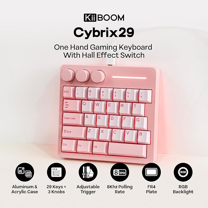 KiiBoom Cybrix 29 Rapid Fast Wired Gaming Keyboard 8Khz Polling Aluminum &amp Acrylic One Handed Keyboard 3 Programmable Knobs Magnetic Switch Adjustable Actuation RGB Backlits FR4 Plate (Pink