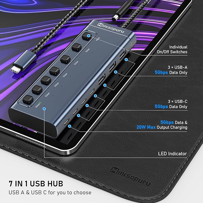 Minisopuru Powered USB Hub7 IN1 Powered USB C Hub with 3 USBA 3.0 Data Ports and 4 USB C Data Smart Charging for iPhone/iPad USB Splitter with Individual On/Off Switches and 12V/3A Power Adapter