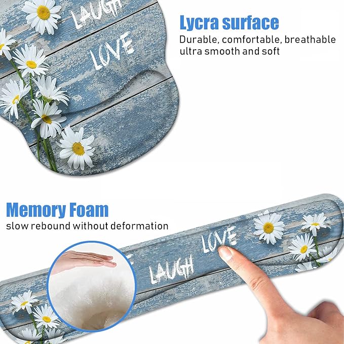 Keyboard Wrist Rest + Mouse Pad Wrist Support Set with Coasters Dreamy Daisy Vintage Wood Board Live Laugh Love Design Non-Slip PU Base Ergonomic Mousepad for Home Office Working Studying