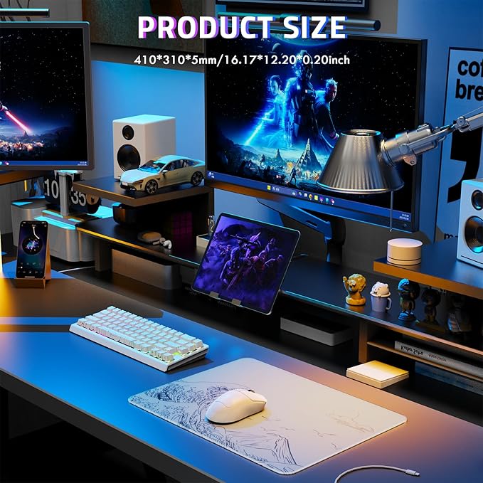 ATTACK SHARK CM05SE Glass Mousepad for Gaming Ultra Smooth Mouse Mat with Nano-Textured Surface Tempered Glass Mouse Pad Precision Speed Control for Games and Office (White Wave 16.1 L x 12.2 W)