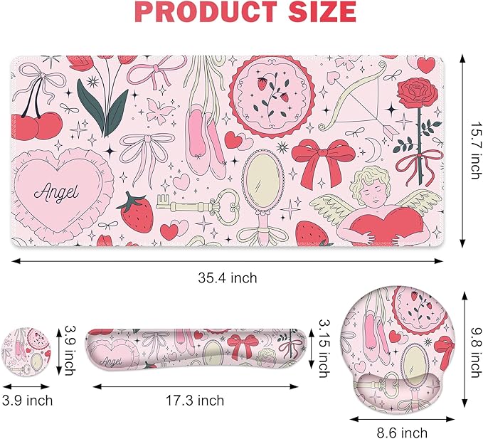 Gaming Mouse Pad Large Desk Mat Cute Desk Pad Protector 4in1 XXL Mousepad + Keyboard Wrist Rest+Mouse Wrist Rest+Coaster Set with Ergonomic Desk Pad for Home Office Computer Adorable Rose Bow