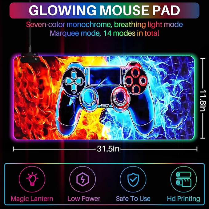 XL Led Gaming Mouse Pad with 14 Light Modes - Light Up Gamer Mouse Pad31.5 x 11.8in Non-Slip Gamepad Style RGB Large Gamer MousepadBlack Long Glowing Gaming Accessories for DeskWaterproof