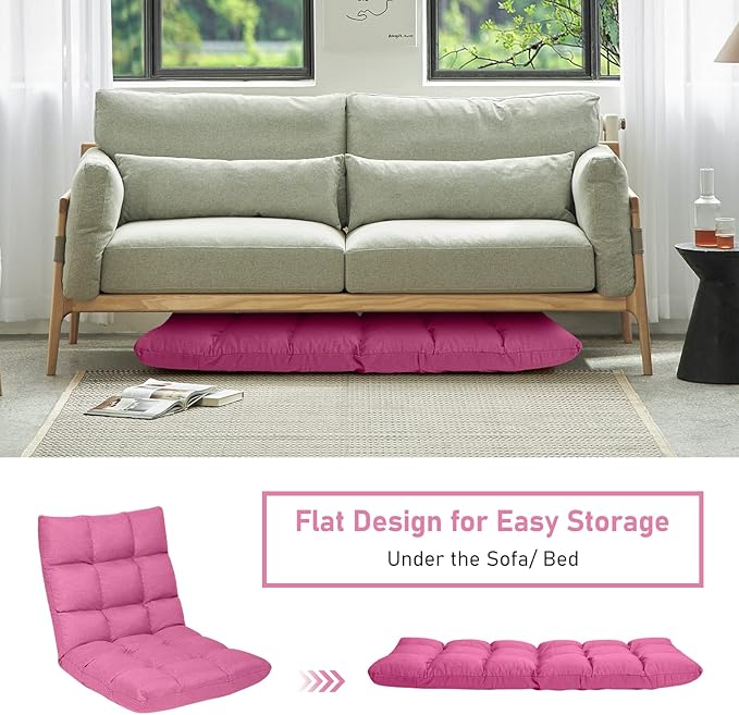 MAT EXPERT 14-Position Floor Chair Floor Gaming Chair w/Resilience Sponge Alloy Steel Frame Padded Bed Couch Recliner Floor Chair with Back Support for Reading Meditating (Pink)