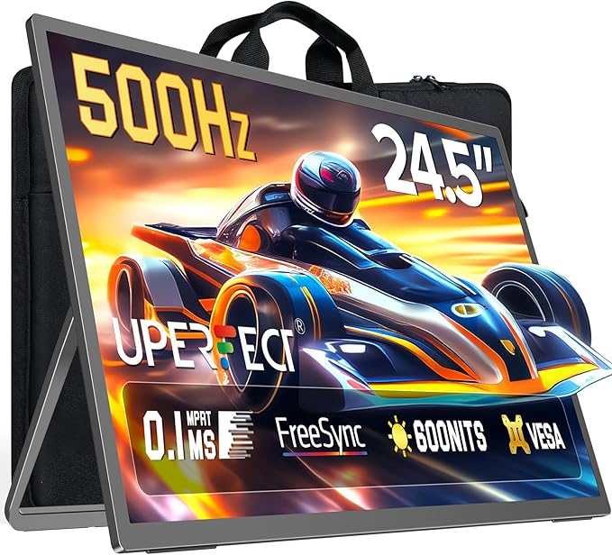 UPERFECT 24.5''Portable Gaming Monitor 500Hz 0.1ms Ultra-Fast IPS Monitor FreeSync HDR 600Nits Built-in Stand Speaker and VESA Mountable DP1.4 USB C HDMI Second Screen for Laptop Game Console