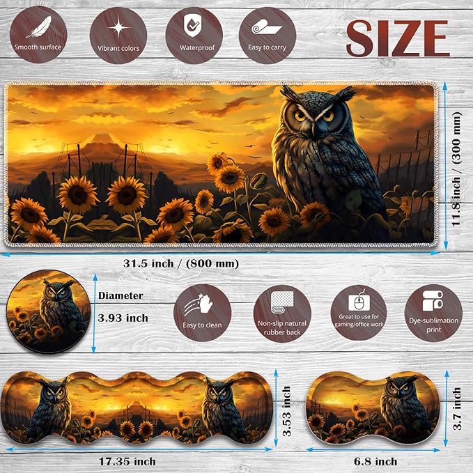 Gaming Mouse Pad Set Large Gaming Mouse Pad+Keyboard Wrist Rest+Mouse Wrist Rest+Coaster Easy Typing Pain Relief 31.5 × 11.8 inch Desk Mat for Home Office - Owl Among Sunflowers at Dusk