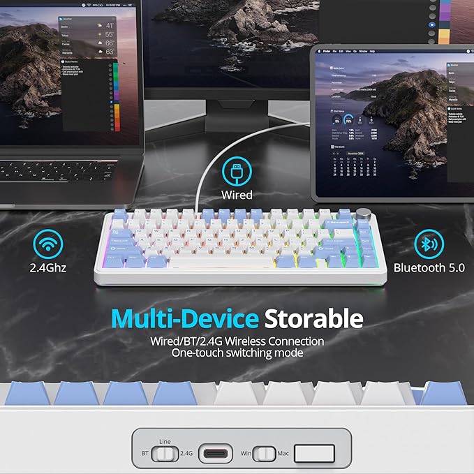 Fogruaden M75 Wireless Creamy 75% Mechanical Gaming Keyboard Hot Swappable Custom RGB Backlit Gasket Pre-lubed Linear White Switches Bluetooth/2.4GHz/USB-C Five-Layer Pad&ampKnob
