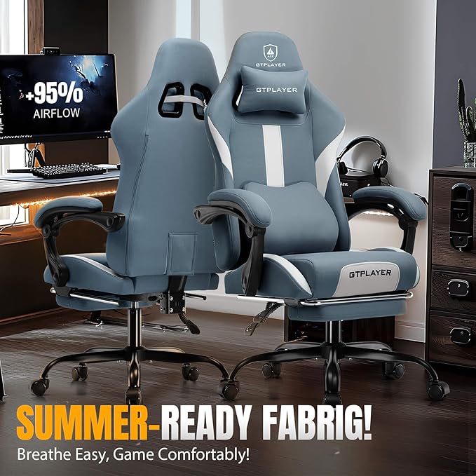 GTPLAYER Gaming Chair with Foot Rest &amp Pocket Spring Cushion Ergonomic High Back Computer Desk Chair with Headrest &amp Lumbar Support for Back Pain Relief Breathable Fabric Blue
