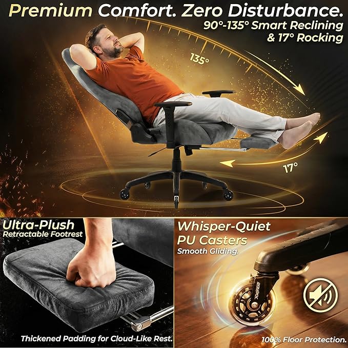 Dowinx Big and Tall Gaming Chair with Suede Fabric Breathable Game Chairs for Adults with Oversized Thick Seat for 440lbs Ergonomic Gamer Chair for Streaming &amp Long Gaming Sessions Grey
