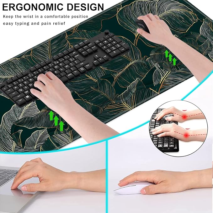 Keyboard Wrist Rest and Mouse Pad with Wrist Support Set Ergonomic CoasterMemory FoamEasy Typing Pain ReliefLarge XL Desk Mat 31.5x 11.8Tropical Leaves