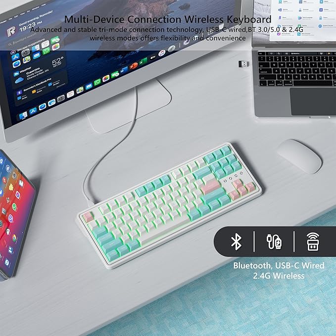 75% Keyboard Wireless Gaming Keyboard 3-Modes Creamy Mechanical Keyboard Hot-Swap with Pre-lubed Linear Switch for PC/Tablet/PS/Xbox (White)