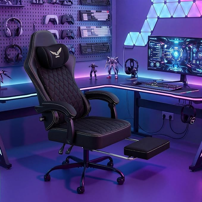 Shahoo Fabric Gaming Chair with Adjustable Lumbar Support Big and Tall Ergonomic Computer Chair with Footrest and Linkage Armrests Height Adjustable Video Gamer Chair for Adults Black