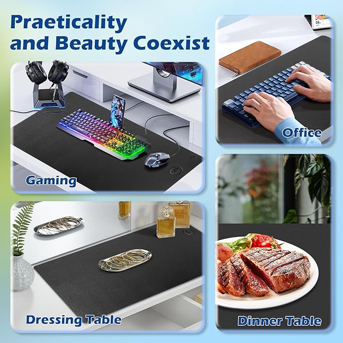 Wireless Charging Desk Mat with Desk Pad for Desktop Charging Large Mouse Pad Waterproof Leather Computer Mat Mouse Pad Non-Slip Protector on Top of Desks for Keyboard and Mouse (black-r 36*17inch)