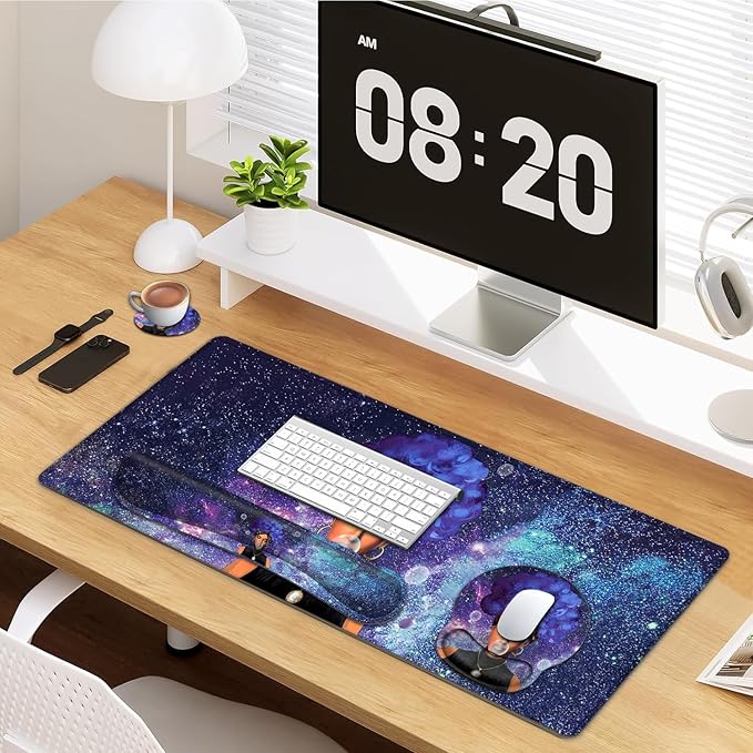 Large Mouse Pad Ergonomic Mouse Pad with Wrist Rest and Keyboard Wrist Rest 4 in 1 Set 31.5 x11.8 inch Extended Desk Pad for Home Office African Black Women Girls Starry Sky Purple Gaming Mouse Mat